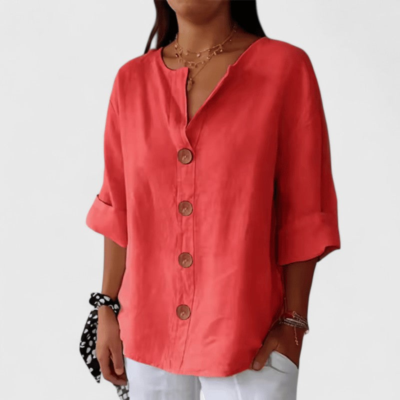 Effortless Linen Blouse for Women with V Neck Elbow Sleeve Button Front Relaxed Style