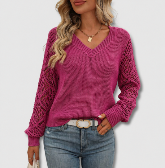 Comfortable Crochet Knit Sweater for Women with V Neck Long Sleeve Openwork Relaxed Knit Style