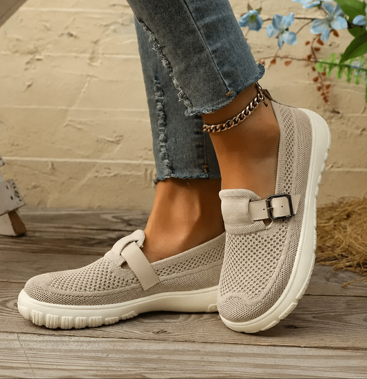Comfortable Knit Mesh Slip On Sneaker for Women with Buckle Strap Platform Sole Casual Style