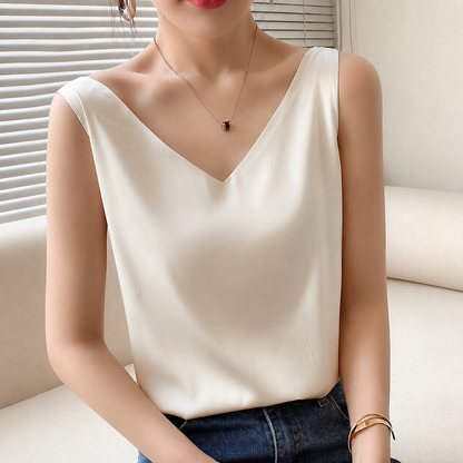 Effortless Satin Blouse for Women with V Neck Sleeveless Relaxed Flowing Tank Style