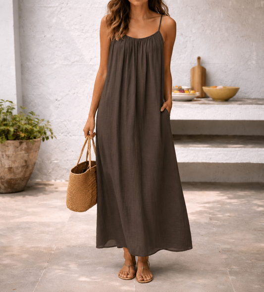 Effortless Linen Maxi Dress for Women with Scoop Neck Spaghetti Strap Flowing A Line Bohemian Style