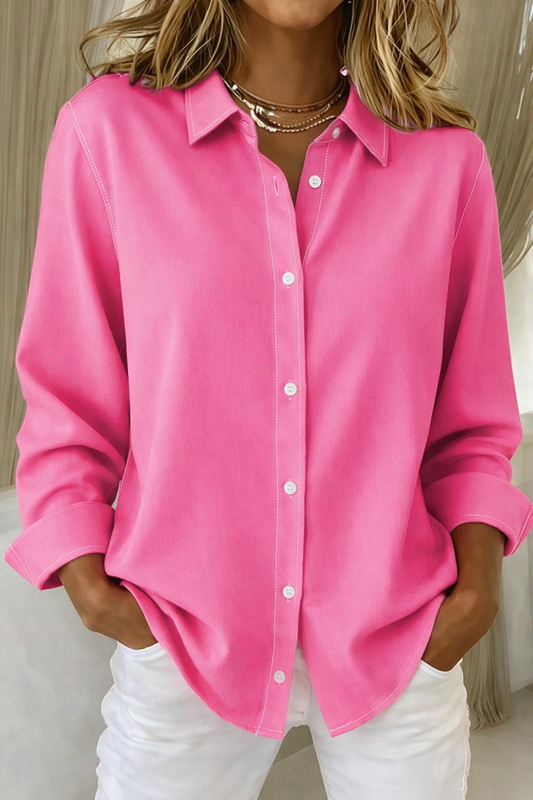 Effortless Contrast Stitch Blouse for Women with Point Collar Long Sleeve Button Front Relaxed Style