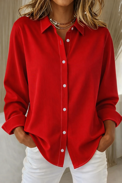 Effortless Contrast Stitch Blouse for Women with Point Collar Long Sleeve Button Front Relaxed Style