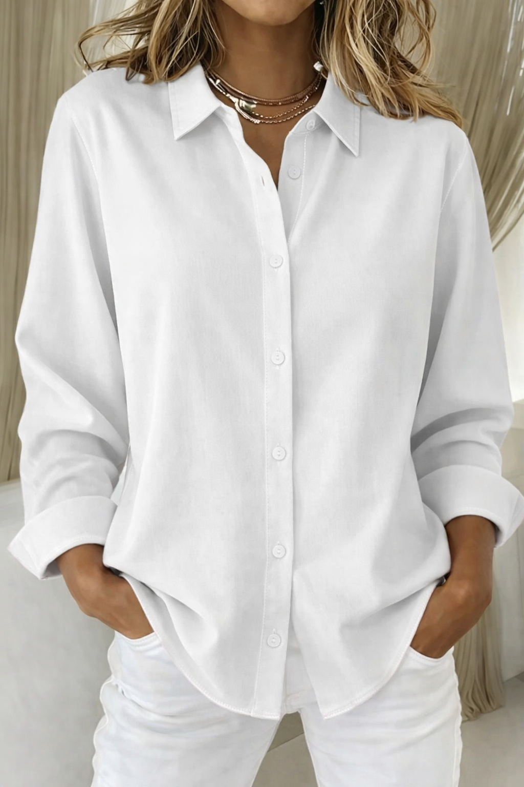 Effortless Contrast Stitch Blouse for Women with Point Collar Long Sleeve Button Front Relaxed Style