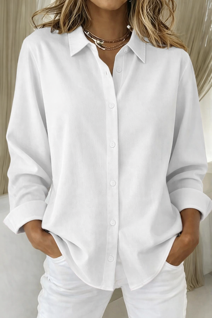 Effortless Contrast Stitch Blouse for Women with Point Collar Long Sleeve Button Front Relaxed Style