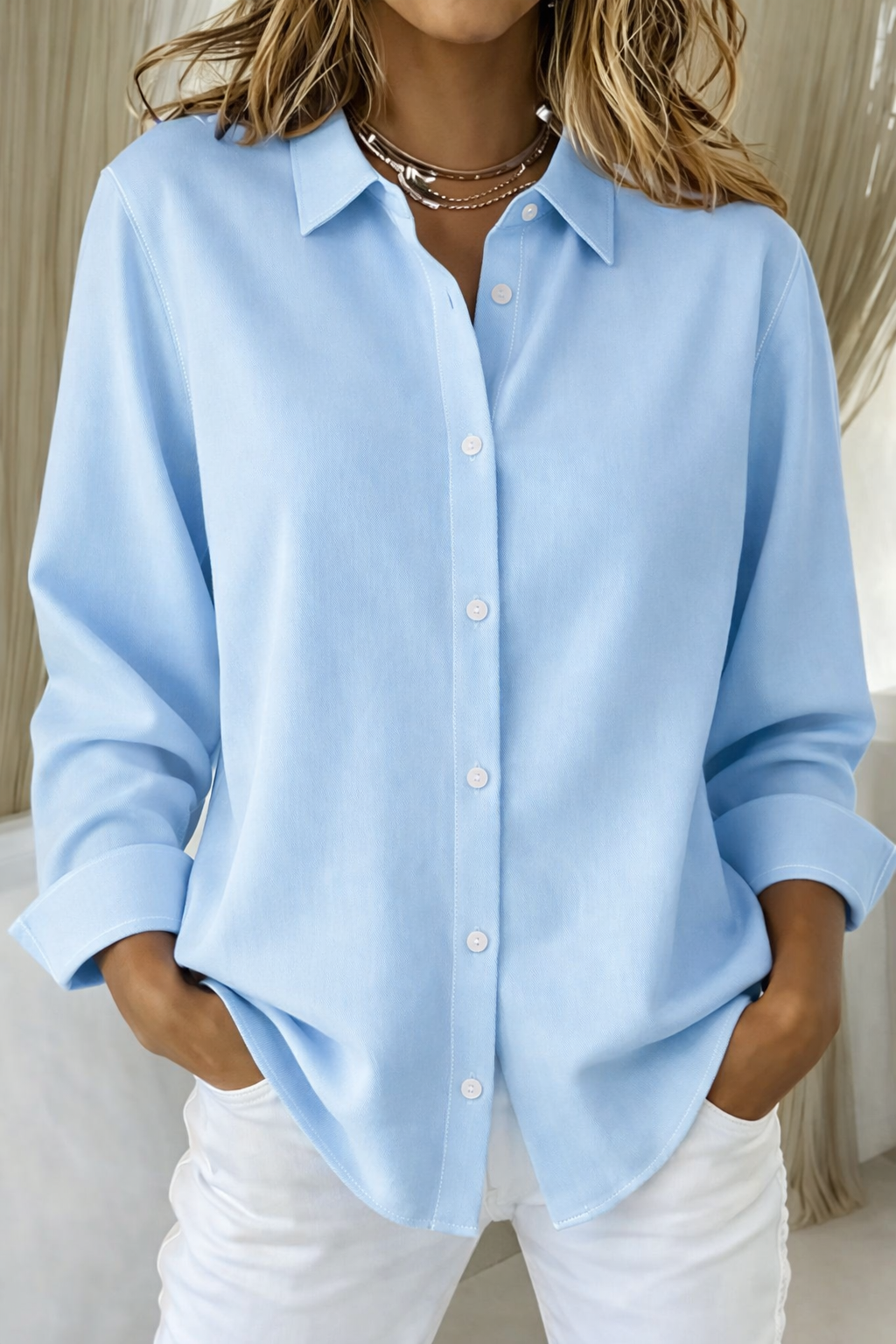 Effortless Contrast Stitch Blouse for Women with Point Collar Long Sleeve Button Front Relaxed Style