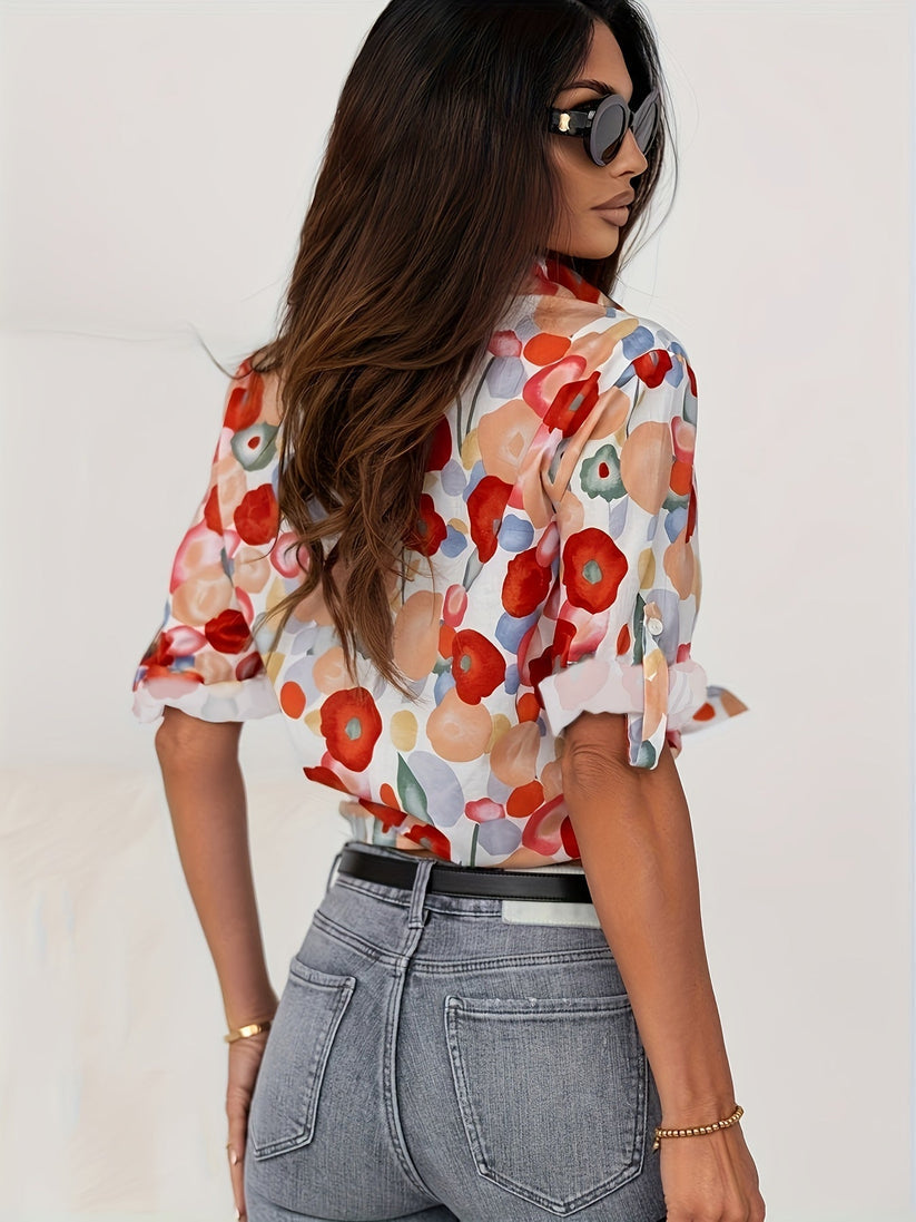 Elegant Multicolor Floral Blouse for Women with Collar Long Sleeve Button Front Relaxed Style