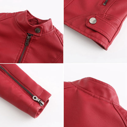 Elegant Faux Leather Moto Jacket for Women with Stand Collar Long Sleeve Zip Front Cropped Style