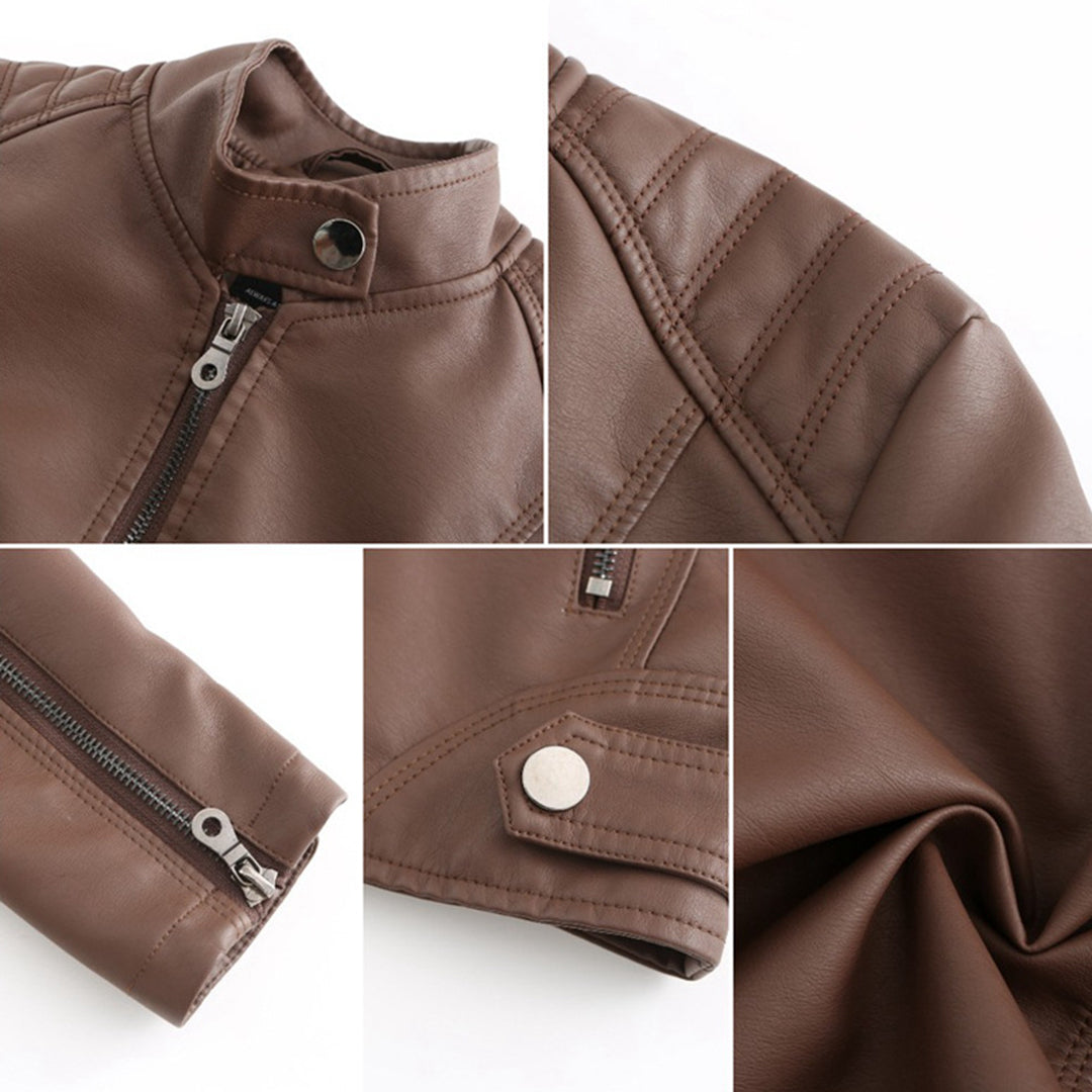 Elegant Faux Leather Moto Jacket for Women with Stand Collar Long Sleeve Zip Front Cropped Style