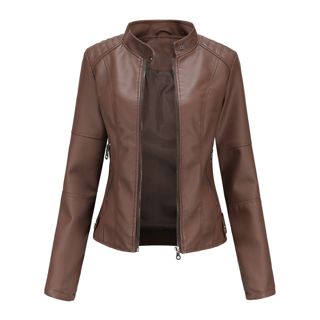 Elegant Faux Leather Moto Jacket for Women with Stand Collar Long Sleeve Zip Front Cropped Style