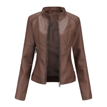 Elegant Faux Leather Moto Jacket for Women with Stand Collar Long Sleeve Zip Front Cropped Style