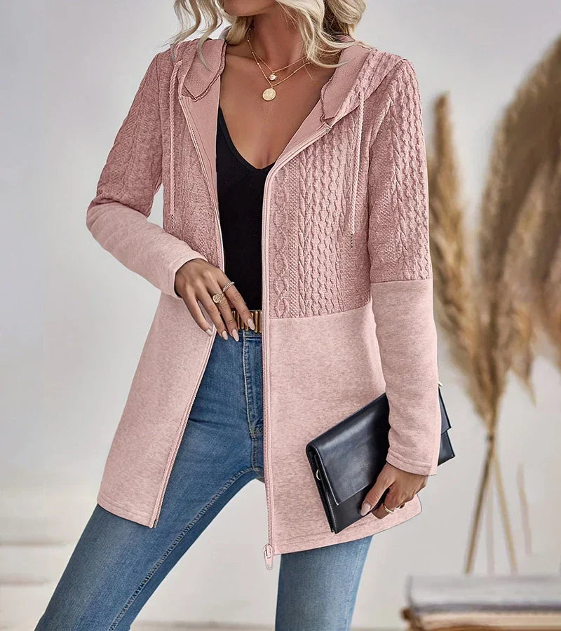 Effortless Cable Knit Sweater Jacket for Women with Hooded Long Sleeve Zip Front Relaxed Style