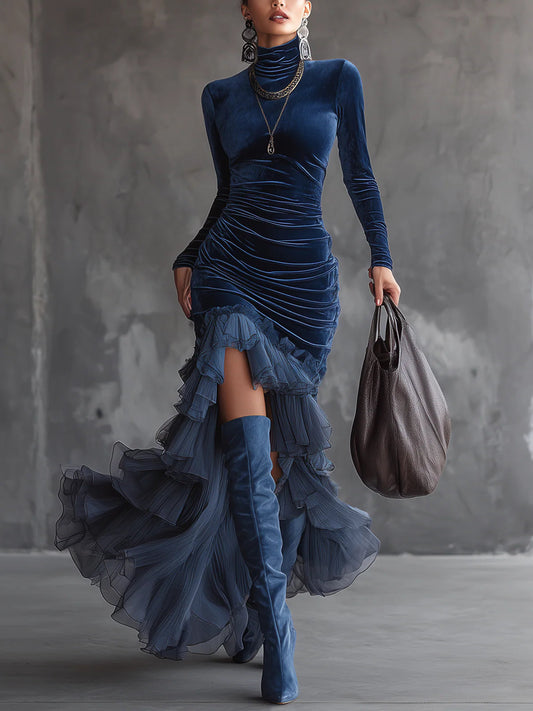 Elegant Dark Blue Velvet Mermaid Dress for Women with Turtleneck Long Sleeve Ruched Ruffle High Slit Formal Style