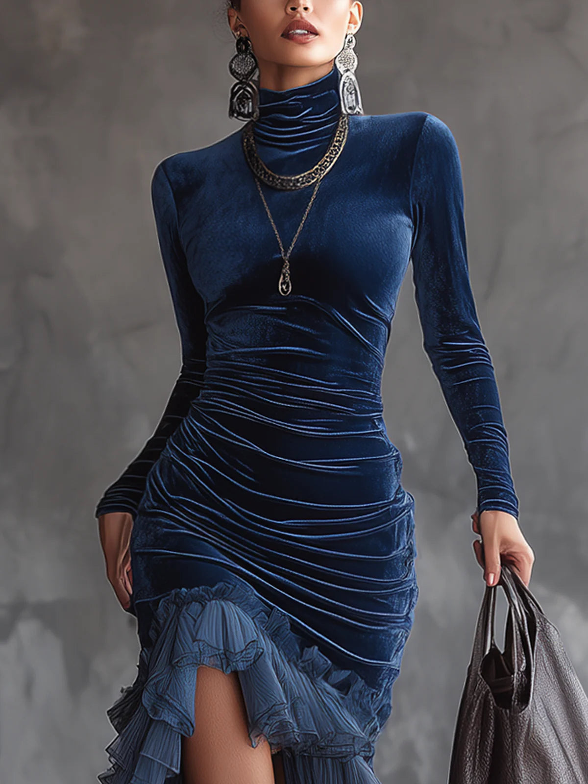 Elegant Dark Blue Velvet Mermaid Dress for Women with Turtleneck Long Sleeve Ruched Ruffle High Slit Formal Style