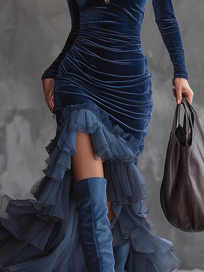 Elegant Dark Blue Velvet Mermaid Dress for Women with Turtleneck Long Sleeve Ruched Ruffle High Slit Formal Style