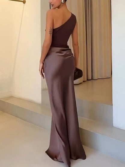 Elegant Satin Maxi Dress for Women with One Shoulder Ruched Mermaid Formal Wedding Guest Style