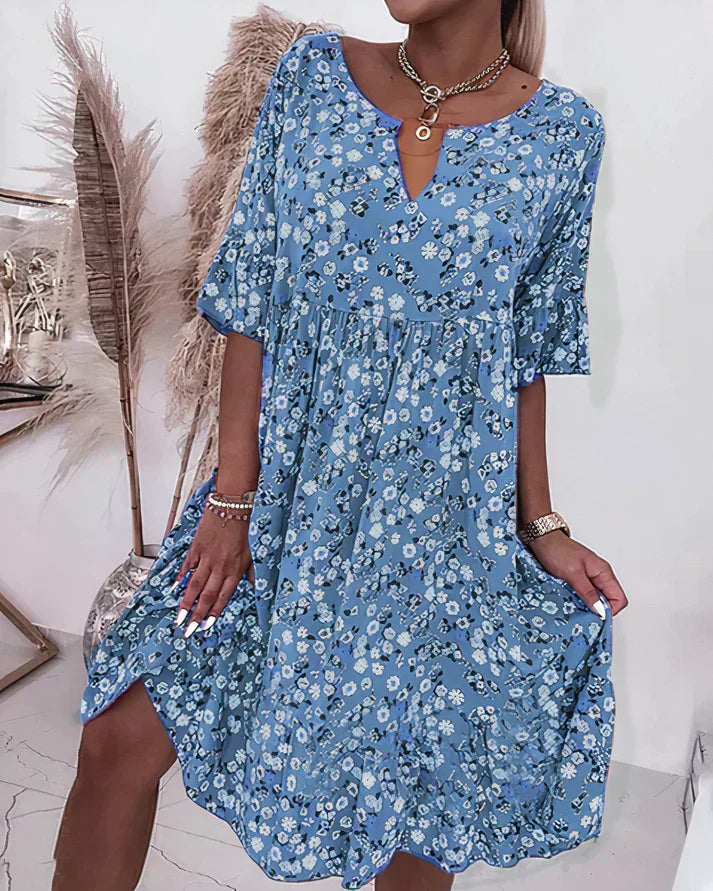 Effortless Floral Midi Dress for Women with V Neck Ruffle Sleeve Tiered Flowing Boho Style