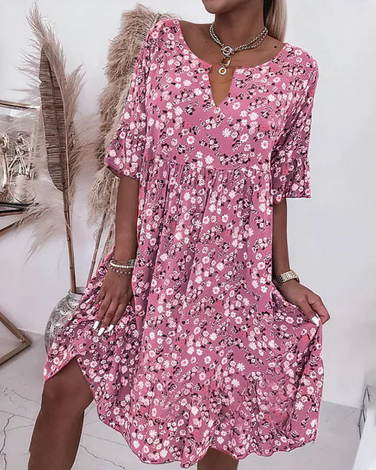Effortless Floral Midi Dress for Women with V Neck Ruffle Sleeve Tiered Flowing Boho Style
