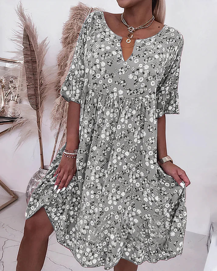 Effortless Floral Midi Dress for Women with V Neck Ruffle Sleeve Tiered Flowing Boho Style