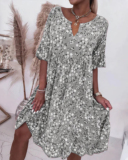 Effortless Floral Midi Dress for Women with V Neck Ruffle Sleeve Tiered Flowing Boho Style