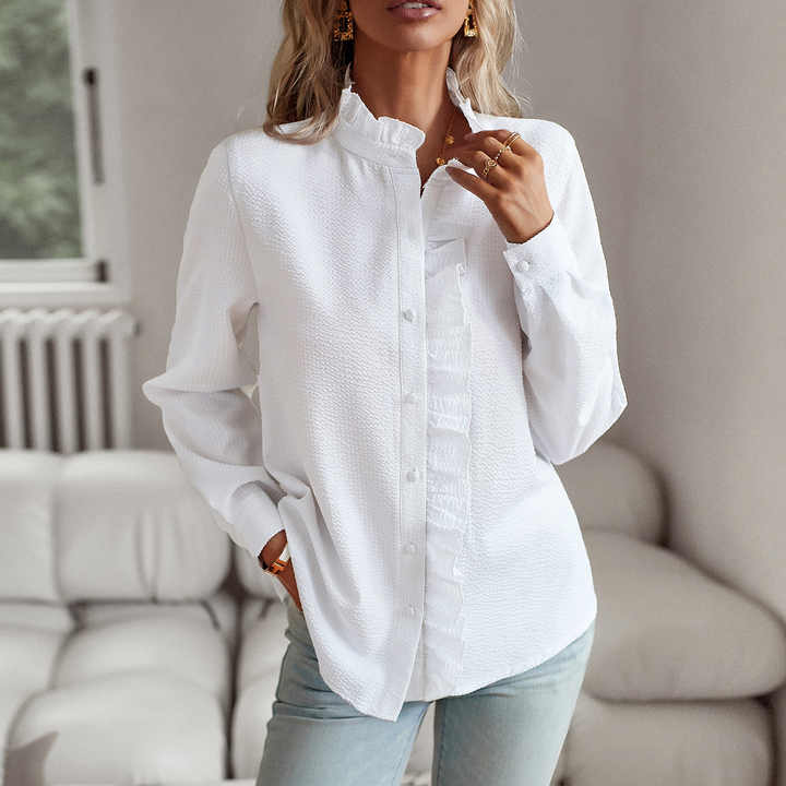 Effortless Ruffle Trim Blouse for Women with Stand Collar Long Sleeve Button Front Casual Style