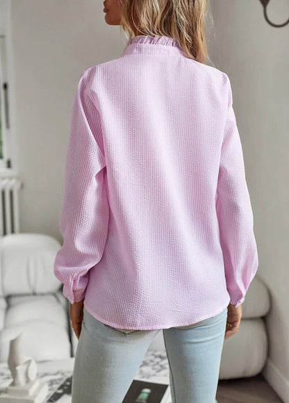 Effortless Ruffle Trim Blouse for Women with Stand Collar Long Sleeve Button Front Casual Style