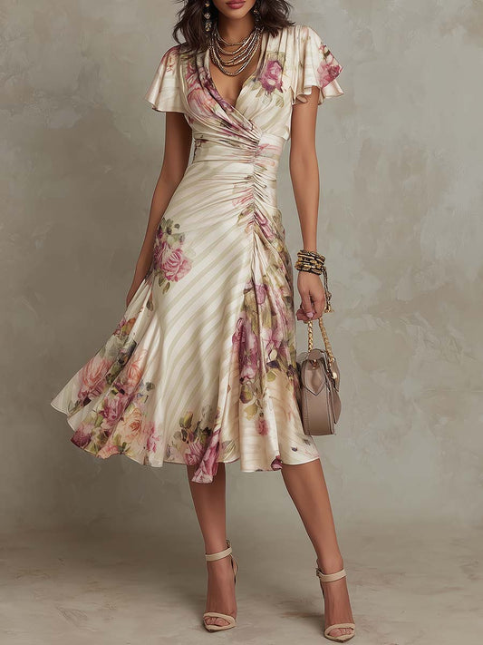 Elegant Ivory Floral Midi Dress for Women with V Neck Flutter Sleeve Wrap Ruched Flowing Style