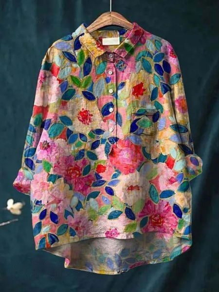 Effortless Floral Blouse for Women with Collar Long Sleeve Button Front High Low Hem Relaxed Style