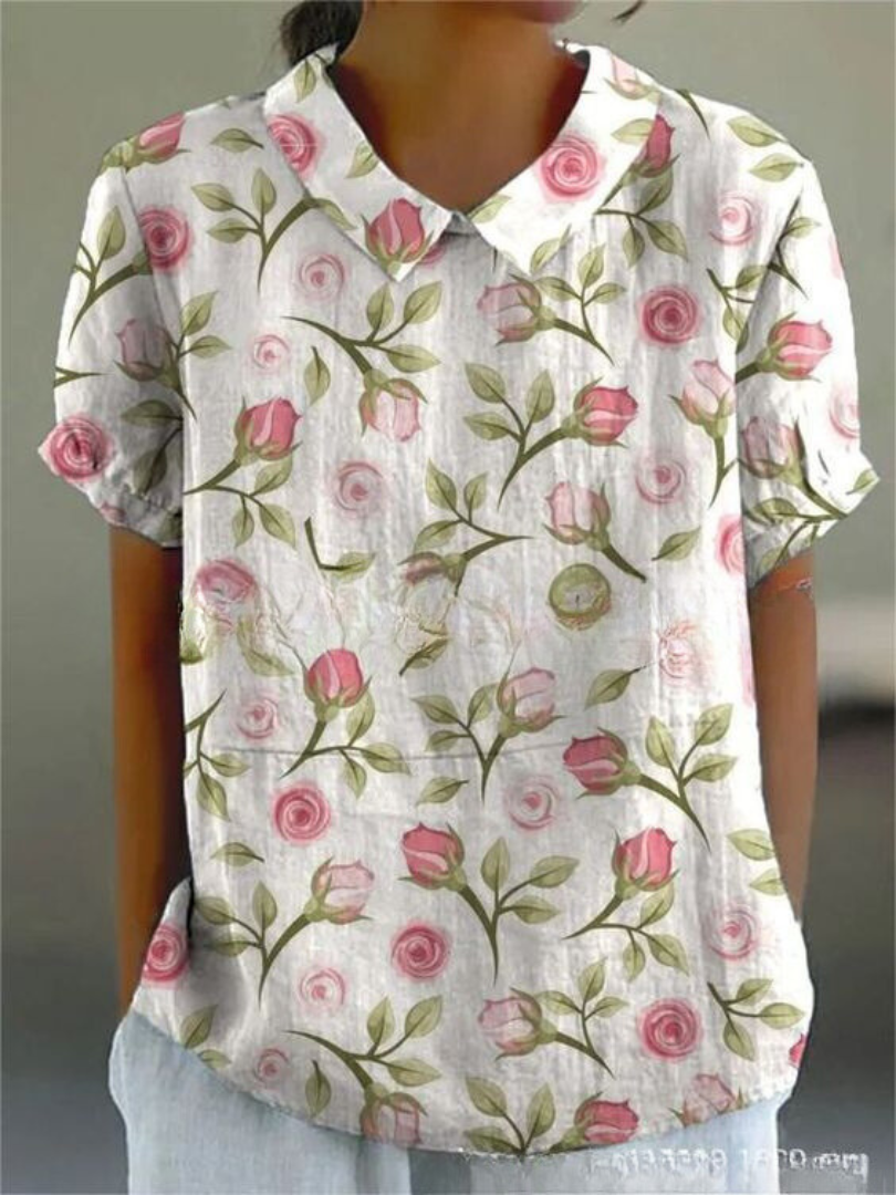Effortless Floral Linen Blouse for Women with Collar Short Sleeve Embroidered Relaxed Casual Style