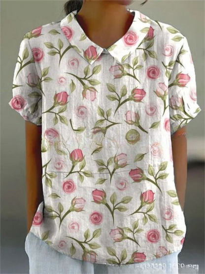 Effortless Floral Linen Blouse for Women with Collar Short Sleeve Embroidered Relaxed Casual Style