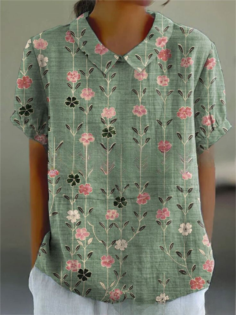 Effortless Floral Linen Blouse for Women with Collar Short Sleeve Embroidered Relaxed Casual Style