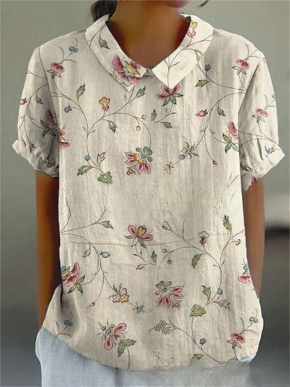 Effortless Floral Linen Blouse for Women with Collar Short Sleeve Embroidered Relaxed Casual Style