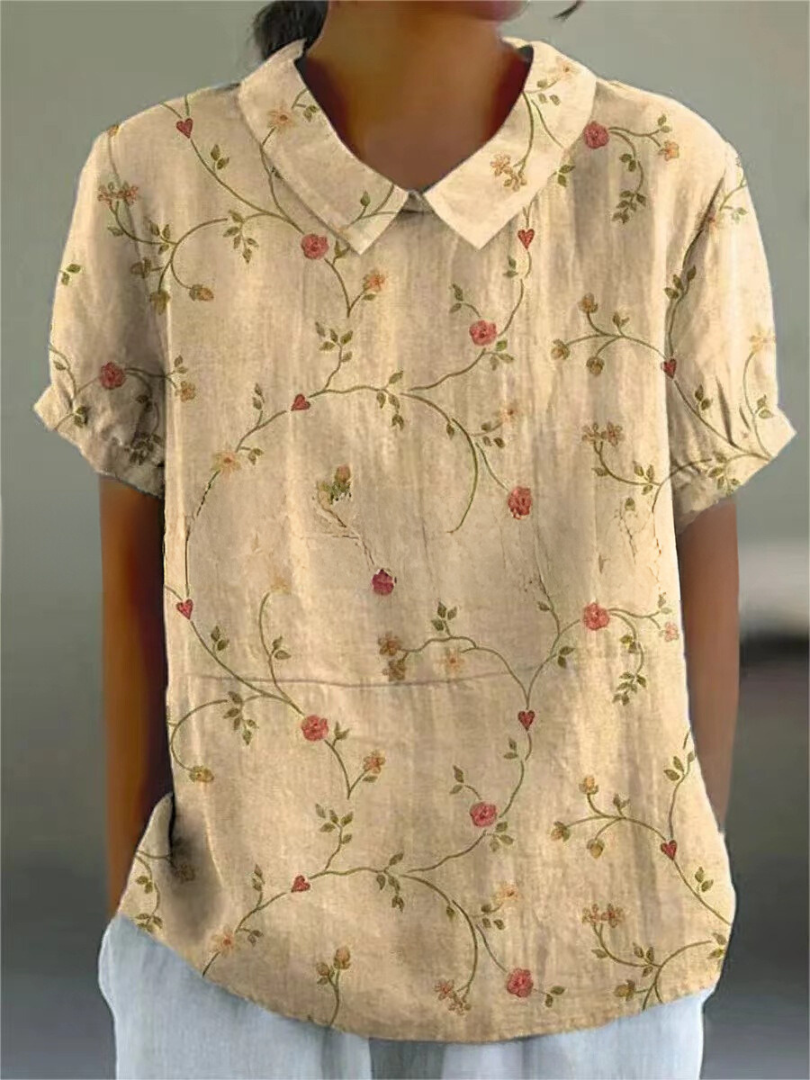 Effortless Floral Linen Blouse for Women with Collar Short Sleeve Embroidered Relaxed Casual Style