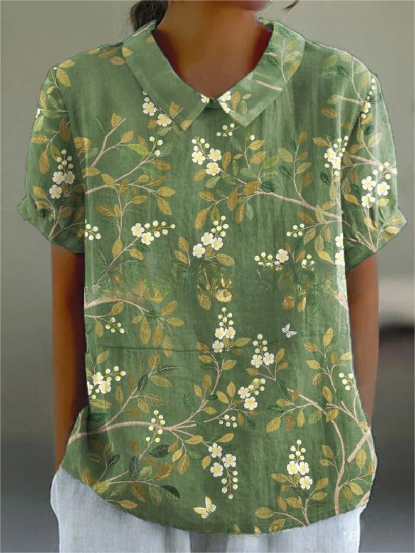 Effortless Floral Linen Blouse for Women with Collar Short Sleeve Embroidered Relaxed Casual Style