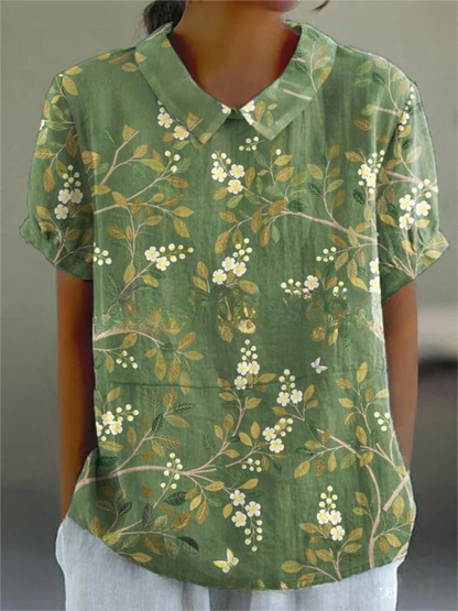 Effortless Floral Linen Blouse for Women with Collar Short Sleeve Embroidered Relaxed Casual Style