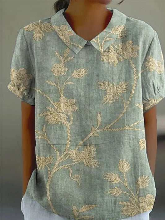 Effortless Floral Linen Blouse for Women with Collar Short Sleeve Embroidered Relaxed Casual Style