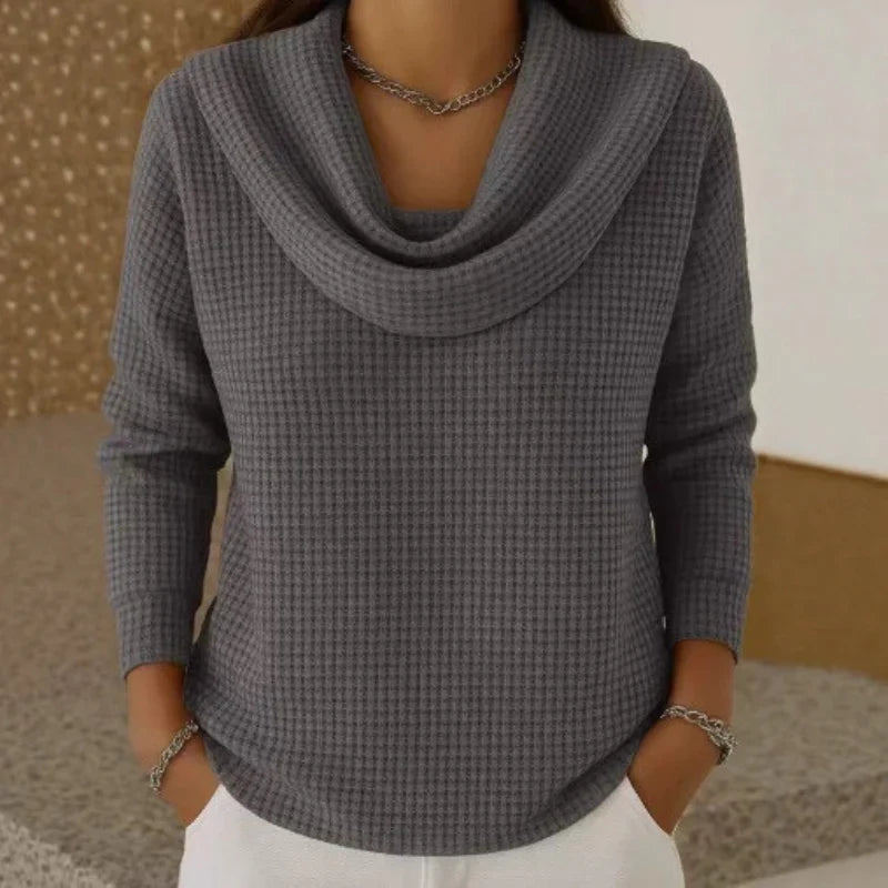 Comfortable Waffle Knit Sweater for Women with Cowl Neck Long Sleeve Relaxed Oversized Style