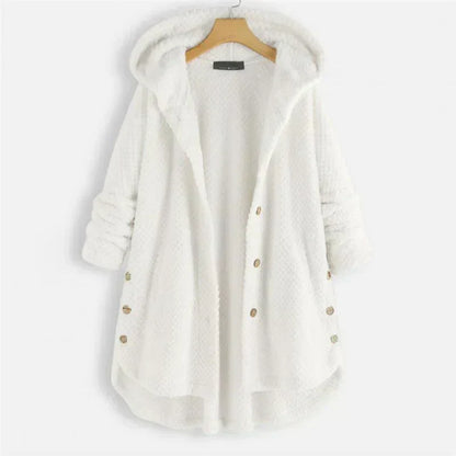 Comfortable Black Corduroy Hooded Coat for Women with Button Front Long Sleeve Oversized High Low Casual Style