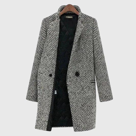 Elegant Gray Houndstooth Tweed Coat for Women with Notched Lapel Long Sleeve Longline Relaxed Style