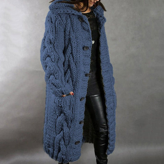Comfortable Cable Knit Long Cardigan for Women with Hooded Collar Button Front Oversized Relaxed Style