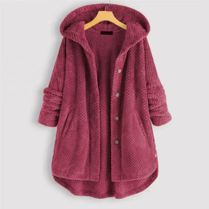 Comfortable Black Corduroy Hooded Coat for Women with Button Front Long Sleeve Oversized High Low Casual Style