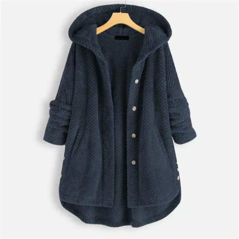 Comfortable Black Corduroy Hooded Coat for Women with Button Front Long Sleeve Oversized High Low Casual Style