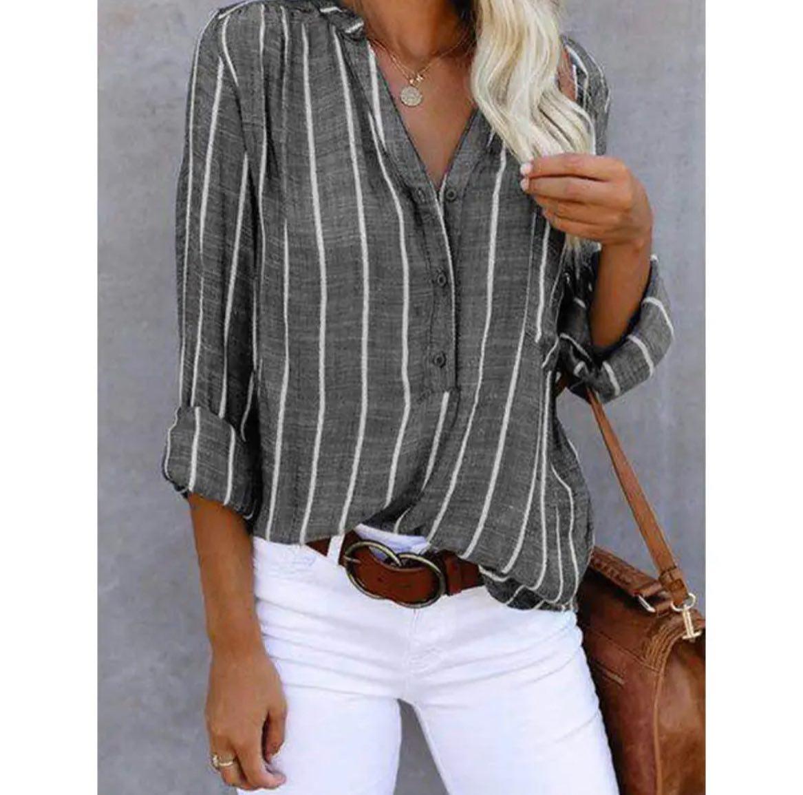 Effortless Striped Linen Blouse for Women with V Neck Long Sleeve Relaxed Casual Style