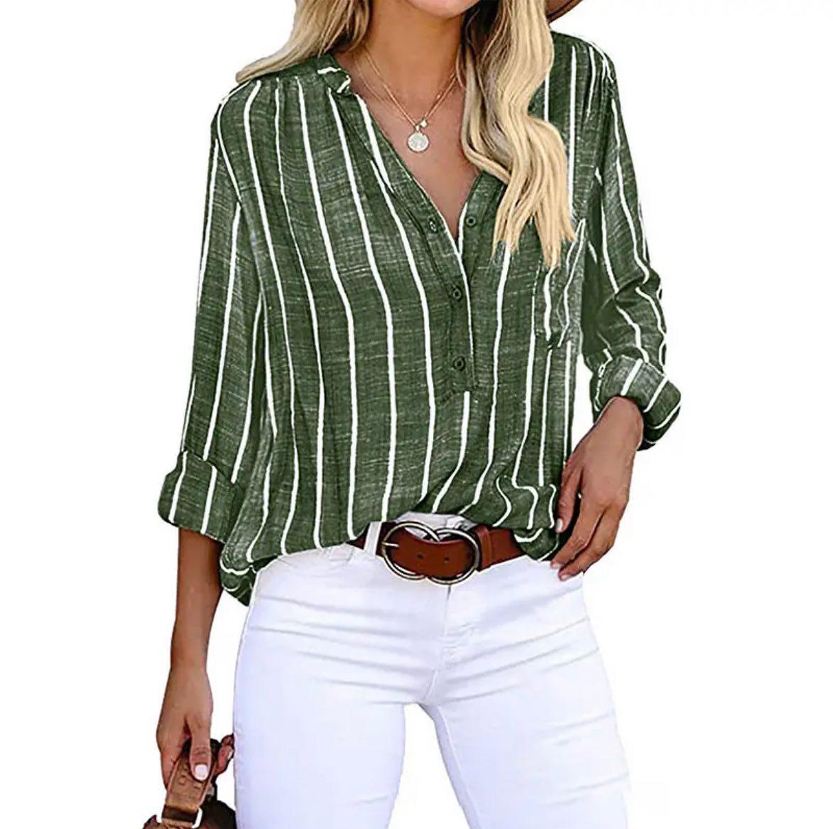 Effortless Striped Linen Blouse for Women with V Neck Long Sleeve Relaxed Casual Style