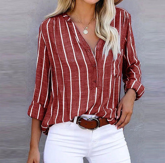 Effortless Striped Linen Blouse for Women with V Neck Long Sleeve Relaxed Casual Style