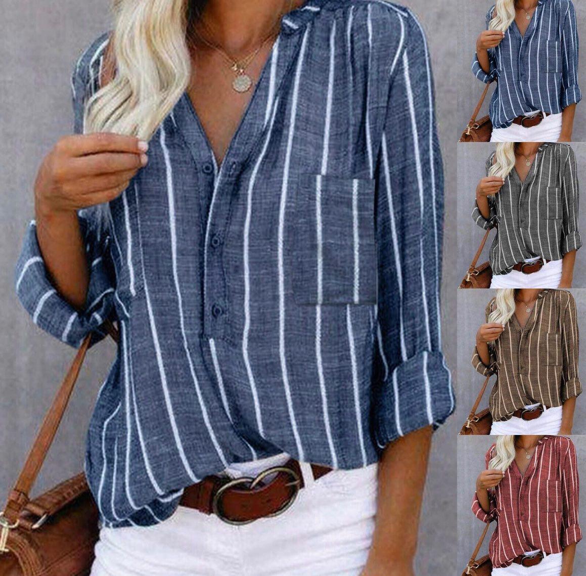 Effortless Striped Linen Blouse for Women with V Neck Long Sleeve Relaxed Casual Style