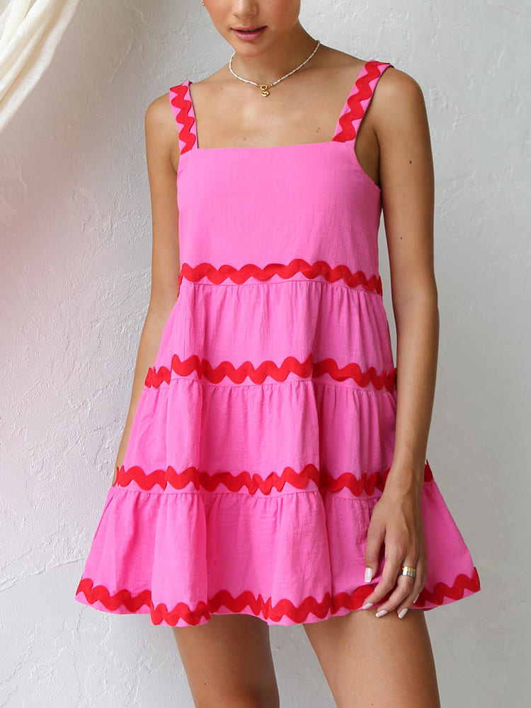 Effortless Tiered Mini Dress for Women with Square Neck Sleeveless Ric Rac Trim Flowy Style