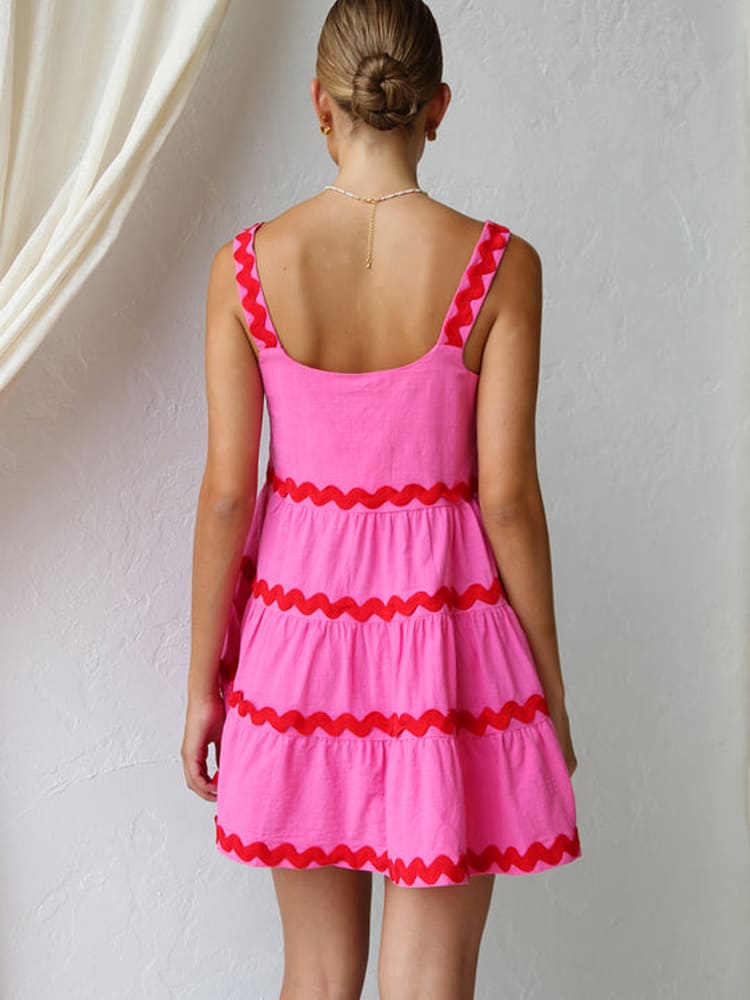 Effortless Tiered Mini Dress for Women with Square Neck Sleeveless Ric Rac Trim Flowy Style