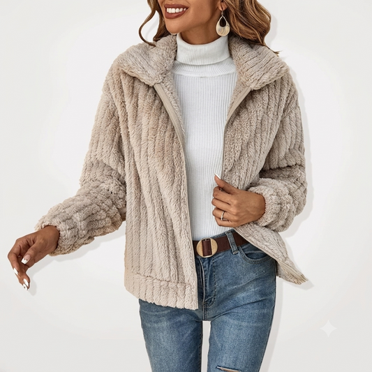 Effortless Textured Fleece Jacket for Women with Notched Collar Long Sleeve Zip Front Oversized Casual Style
