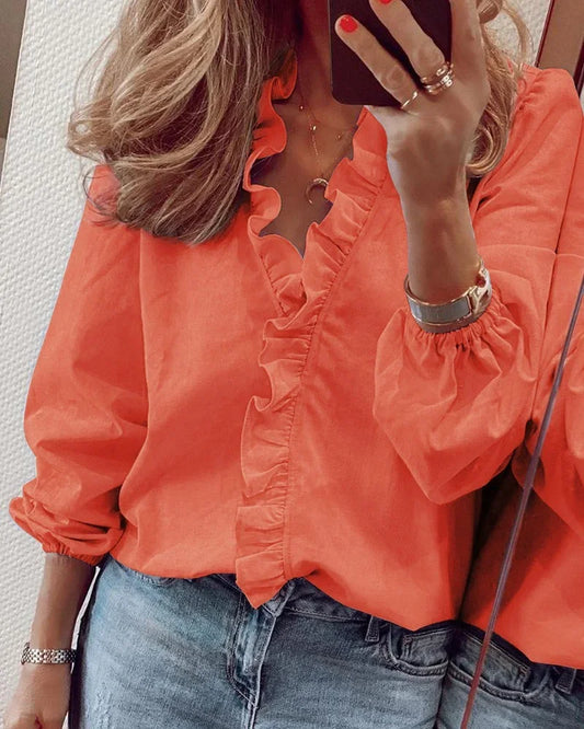 Effortless Ruffle Trim Blouse for Women with V Neck Balloon Sleeve Relaxed Casual Style